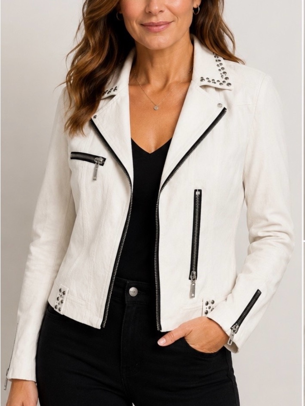 Joseph Ribkoff White Studded Moto Jacket Asymmetric faux Zip Blazer
